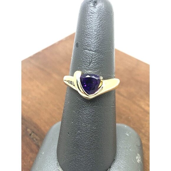 Amethyst Diamond Cocktail Ring Trillion Cut 14k Yellow Gold Estate Women… - Picture 7 of 14